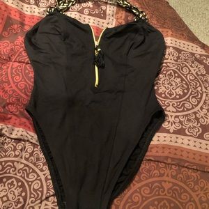 ♥️Sale !Baja Blue Exquisite Black w/Gold straps zip front. Sexy Swimsuit/Size 10
